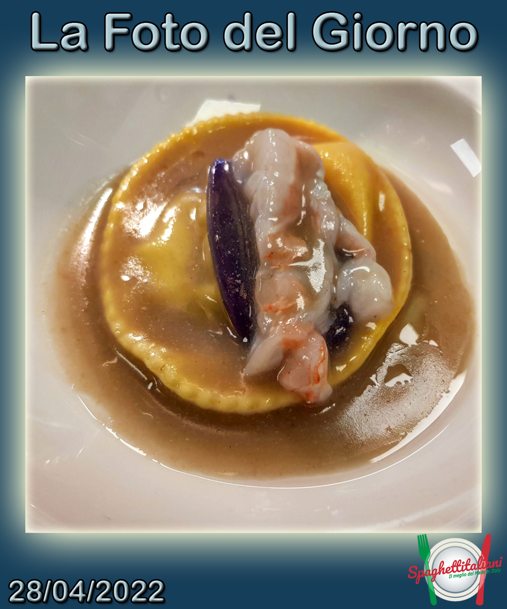 Raviolone con caprino e cardi con ristretto di scampi del mediterraneo