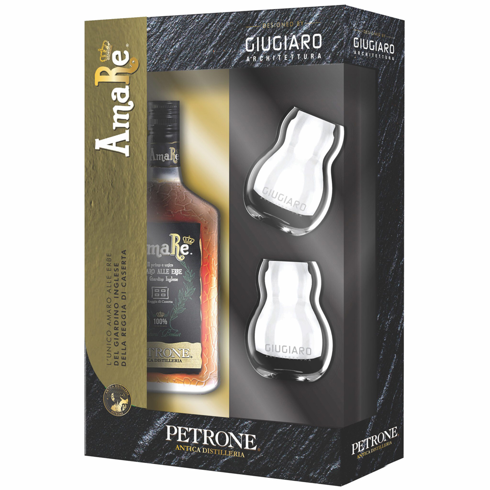 Petrone Special Pack designed by Giugiaro Architettura con 1 bottiglia da 50 cl di AmaRè e 2 bicchieri Giugiaro