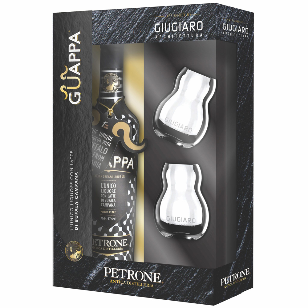 Petrone Special Pack designed by Giugiaro Architettura con 1 bottiglia da 50 cl di Guappa e 2 bicchieri Giugiaro