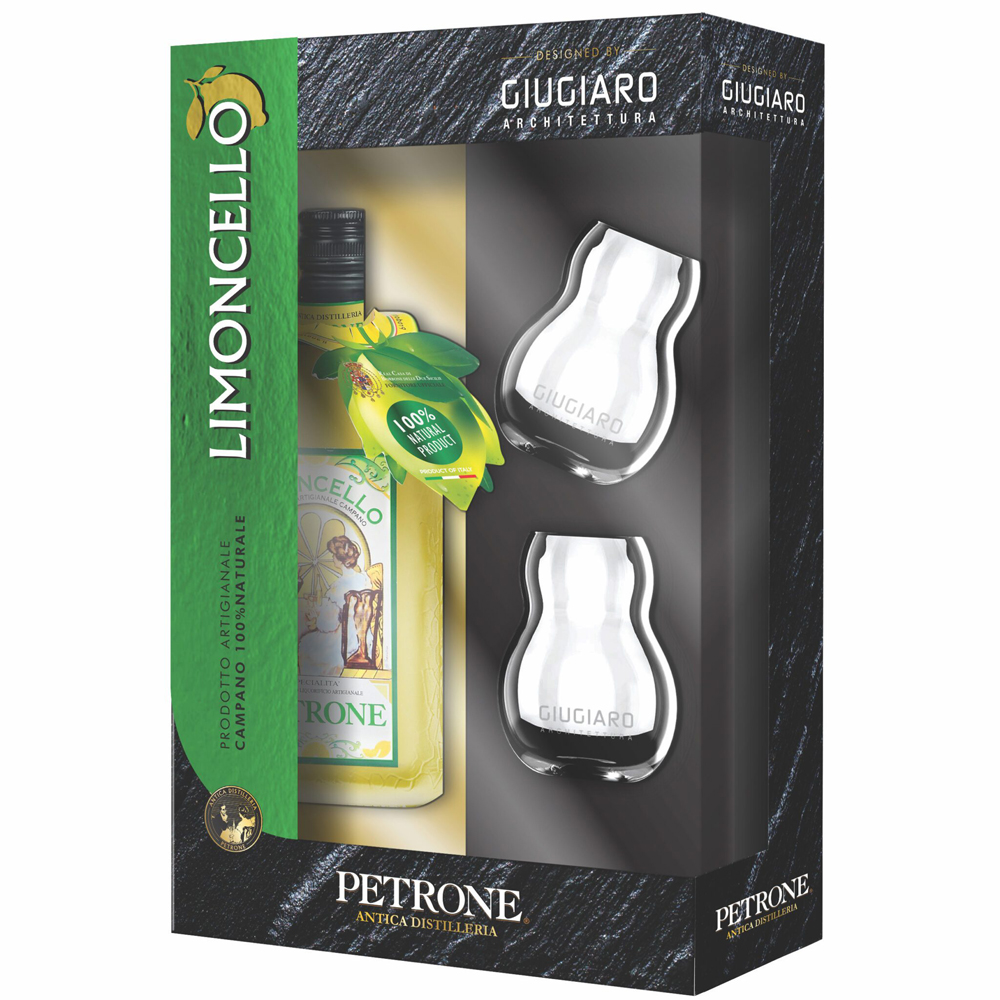 Petrone Special Pack designed by Giugiaro Architettura con 1 bottiglia da 50 cl di Limoncello e 2 bicchieri Giugiaro