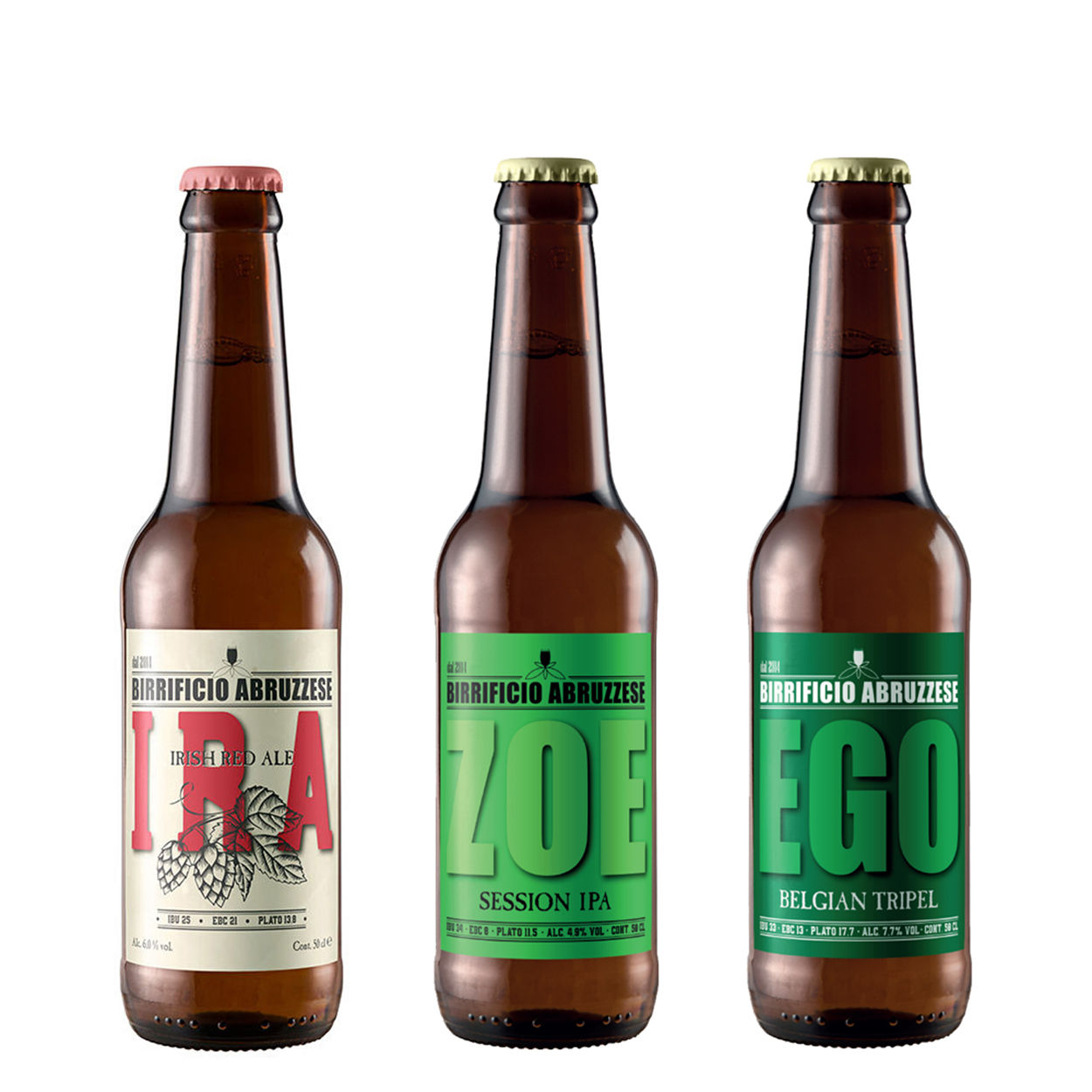 6 bottiglie miste 50 cl: 2 IRA Irish Red Ale - 2 ZOE Session IPA - 2 EGO Belgian Tripel