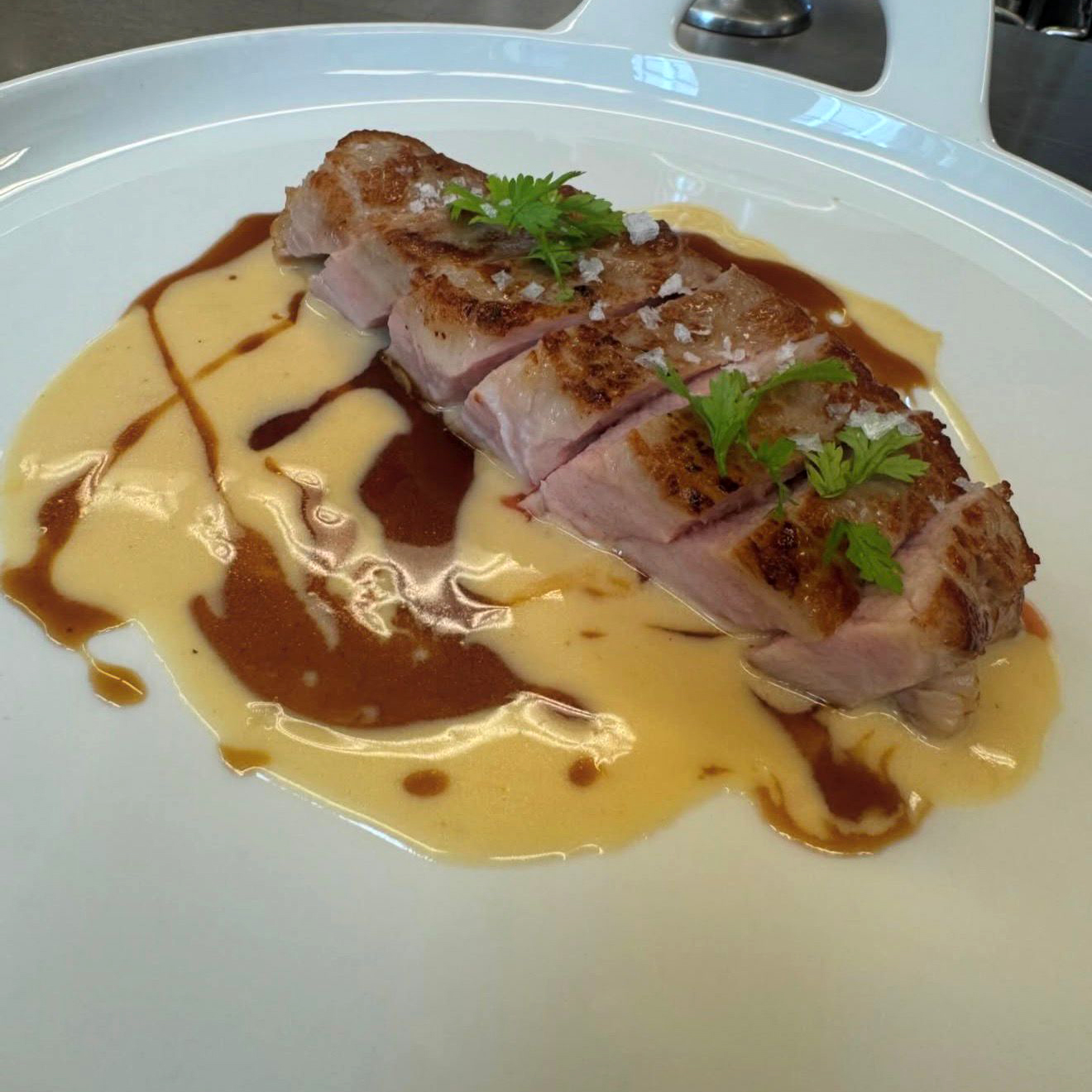 Petto d’anatra scottato con salsa al burro e miele Q